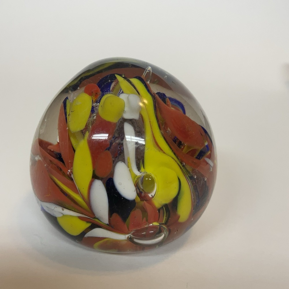 Vintage Handmade Art Glass Paperweight Sculpture‎ Red Blue Yellow Swirl